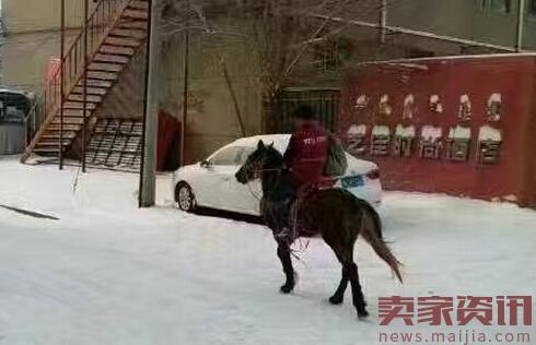 内蒙古突降暴雪，快递员骑马送包裹