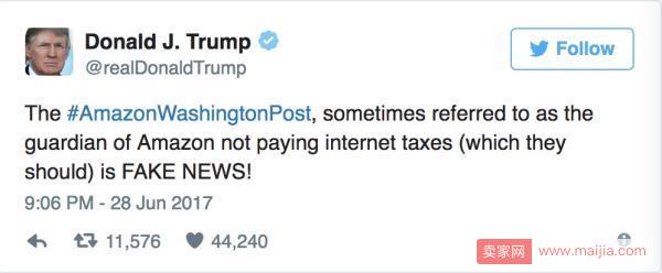 特朗普怒批亚马逊，称其不缴“互联网税”